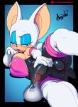  2018 anthro argento armwear balls bat black_border blue_eyes border breasts clothed clothing condom cum cum_in_clothing dickgirl digital_media_(artwork) eyelashes eyeshadow filled_condom hair hi_res humanoid_penis intersex legwear makeup mammal patreon penis rouge_the_bat rubber simple_background solo sonic_(series) spread_legs spreading white_hair 