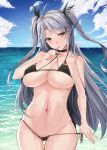  antenna_hair ass_visible_through_thighs azur_lane bangs bikini black_bikini black_choker black_ribbon blue_sky breasts choker closed_mouth cloud commentary_request covered_nipples cross day eyebrows_visible_through_hair flag_print german_flag german_flag_bikini gin'ichi_(akacia) hair_ribbon halter_top halterneck huge_breasts jewelry long_hair looking_at_viewer micro_bikini multicolored_hair navel necklace ocean outdoors prinz_eugen_(azur_lane) red_hair ribbon side-tie_bikini side-tie_bottom silver_hair sky solo standing strap_pull streaked_hair swept_bangs swimsuit tongue tongue_out two-tone_hair two_side_up very_long_hair water yellow_eyes 