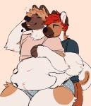  2018 anthro belly belly_grab big_belly blush boxers_(clothing) canine clothed clothing deep_navel duo eyes_closed fangs fur hair hug inner_ear_fluff male male/male mammal overweight pawpads paws shirt smile standing tongue tongue_out underwear werewolfcowboy 