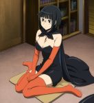  1girl black_hair blush bob_cut breasts cape cleavage cosplay dress durarara!! glasses gloves highres necklace on_floor screencap short_hair sitting solo sonohara_anri stitched thighhighs 