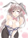  animal_ears ass_visible_through_thighs black_legwear bow bowtie breasts brown_eyes brown_hair bunny_ears bunny_tail bunnysuit cleavage commentary_request cowboy_shot detached_collar flying_sweatdrops hair_ornament hairclip hakkai highres kantai_collection large_breasts leaning_forward leotard looking_at_viewer mamiya_(kantai_collection) pantyhose parted_lips purple_leotard red_neckwear strapless strapless_leotard tail thigh_gap wrist_cuffs 