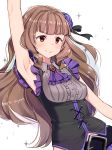  arm_up armpits ascot bad_id bad_pixiv_id bangs belt belt_buckle black_belt black_shirt blush brown_hair buckle closed_mouth commentary_request cross-laced_clothes dutch_angle eyebrows_visible_through_hair goyain highres idolmaster idolmaster_cinderella_girls idolmaster_cinderella_girls_starlight_stage kamiya_nao long_hair purple_neckwear red_eyes shirt sleeveless sleeveless_shirt smile solo sparkle thick_eyebrows underbust very_long_hair white_background 