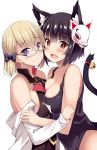  :d animal_ears asymmetrical_docking azur_lane bangs bare_shoulders bell black_hair black_school_swimsuit blonde_hair blush bow breast_press breasts cat_ears commentary_request eyebrows_visible_through_hair fang glasses hair_bow jingle_bell kusano_(torisukerabasu) large_breasts long_sleeves looking_at_viewer mask mask_on_head multiple_girls name_tag off_shoulder one-piece_swimsuit open_mouth purple_eyes red_eyes school_swimsuit shirt short_hair sideboob simple_background smile swimsuit tail tail_bell upper_body white_background white_shirt yamashiro_(azur_lane) z23_(azur_lane) 