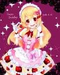  aikatsu! aikatsu!_(series) bangs birthday blonde_hair dated dress english food fruit gloves happy_birthday highres hoshimiya_ichigo long_hair looking_at_viewer mikorin open_mouth pink_dress pink_ribbon red_eyes red_ribbon ribbon solo sparkle_background strawberry white_gloves 