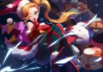  1girl ambitious_elf_jinx blonde_hair boots bow choker christmas christmas_tree gloves jinx_(league_of_legends) league_of_legends lipstick long_hair pointy_ears ribbon santa_hat skirt thighhighs wink 