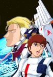  80s amuro_ray anniversary beam_saber blonde_hair blue_eyes brown_hair char's_counterattack char_aznable earth emblem energy_sword fin_funnels funnels green_eyes gundam insignia logo looking_at_another looking_at_viewer looking_away mecha multiple_boys no_headwear no_helmet nu_gundam official_art oldschool open_mouth orbit photo_background pilot_suit planet shield short_hair space spacesuit standing star star_(sky) starry_background sword tokita_kouichi weapon zero_gravity 