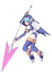  1girl android bent_over blue_eyes bodysuit capcom full_body helmet high_heels holding holding_spear holding_weapon leroy leviathan_(rockman) looking_at_viewer looking_back open_mouth rockman rockman_zero simple_background spear thigh_boots weapon white_background 