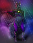  2018 anthro boots canine cloak clothing colored_nails conditional_dnp cyberpunk eyeshadow female footwear high_heels jackal kadath makeup mammal nightshade_(kadath) nipple_bulge piercing shoes skinsuit solo tight_clothing 