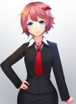  bangs blue_eyes blush bow business_suit closed_mouth collared_shirt commentary cowboy_shot doki_doki_literature_club eyebrows_visible_through_hair formal gradient gradient_background hair_bow hand_on_hip highres long_sleeves looking_at_viewer necktie pink_hair red_bow red_neckwear ribbon sayori_(doki_doki_literature_club) shirt short_hair simple_background smile solo standing suit tsukimaru white_background 