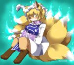  animal_ears arms_under_breasts bangs bare_legs barefoot blonde_hair blue_fire blush breast_hold breasts closed_mouth commentary_request dress eromame eyebrows_visible_through_hair fire fox fox_ears fox_girl fox_tail frills fur furrification furry hair_between_eyes hands_together hat hitodama large_breasts long_sleeves mob_cap multiple_tails ofuda ofuda_on_clothes paws short_hair smile solo tabard tail touhou twitter_username white_dress white_hat yakumo_ran yellow_eyes 