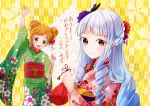  :d aikatsu!_(series) aikatsu_stars! arm_up bag blush braid brown_eyes commentary double_bun drill_hair floral_print flower green_eyes hair_flower hair_ornament happy_new_year highres japanese_clothes kimono kinchaku light_blue_hair long_hair looking_at_viewer multiple_girls nengajou new_year nikaidou_yuzu oka_paya open_mouth orange_hair pouch shirogane_lilly short_hair sidelocks smile standing very_long_hair yagasuri yellow_background 