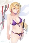  belt bikini blonde_hair blue_eyes blush braid breasts cowboy_shot flower granblue_fantasy hair_flower hair_ornament hairband highres jeanne_d'arc_(granblue_fantasy) large_breasts long_braid long_hair looking_at_viewer nanahara_fuyuki parted_lips purple_bikini purple_eyes side-tie_bikini single_braid solo swimsuit sword twitter_username untied untied_bikini weapon 