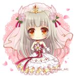  bangs bare_shoulders blush bouquet bow bridal_veil brown_eyes chibi closed_mouth collarbone commentary dress eyebrows_visible_through_hair flower full_body gloves grey_hair hair_flower hair_ornament holding holding_bouquet long_hair outstretched_arm petals pink_flower pink_rose purple_bow purple_ribbon ribbon rose rouche_(shironeko_project) shironeko_project smile solo strapless strapless_dress twitter_username veil very_long_hair wedding_dress white_dress white_flower white_gloves yukiyuki_441 