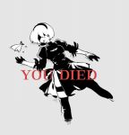  blindfold blood blood_from_mouth boots death dress fish fishine food gameplay_mechanics lying nier_(series) nier_automata on_back parody short_hair solo souls_(from_software) suicide thigh_boots thighhighs yorha_no._2_type_b 