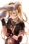  1girl abukuma_(kantai_collection) admiral_(kantai_collection) black_gloves black_jacket blonde_hair blue_eyes commentary_request cowboy_shot double_bun gloves grey_sailor_collar hair_rings jacket juurouta kantai_collection long_hair medal neck_ribbon one_eye_closed partly_fingerless_gloves petting red_ribbon remodel_(kantai_collection) ribbon sailor_collar school_uniform serafuku simple_background solo_focus white_background 