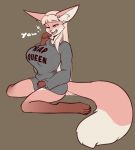  2018 anthro better_version_at_source big_breasts breasts brown_background canine clothed clothing dipstick_tail english_text female fennec fox hair hi_res huge_breasts inner_ear_fluff kneeling long_hair loyse mammal multicolored_tail one_eye_closed open_mouth scorpdk simple_background solo sweatshirt text yawn yellow_eyes 
