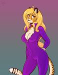  2018 amber_eyes anthro black_nose blonde_hair bodysuit breasts cheetah choker cleavage clothed clothing digital_media_(artwork) feline female gradient_background hair hi_res long_hair looking_at_viewer mammal mihari open_mouth scorpdk simple_background skinsuit solo spots tight_clothing 