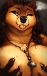  anthro bear big_breasts breasts claws female fur grope hair huge_breasts jewelry long_hair looking_at_viewer mammal necklace nude one_eye_closed overweight simple_background smile solo tasanko teeth text tongue tongue_out voluptuous wink 