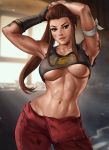  abs arm_tattoo armpits arms_up biceps breasts brigitte_(overwatch) brown_eyes brown_hair cleavage commentary crop_top dandon_fuga dirty gloves highres kettlebell large_breasts looking_at_viewer muscle muscular_female navel overwatch pinup ponytail single_glove smile solo stomach sweat tattoo toned tying_hair underboob 