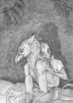  anthro avian backrub bed clothed clothing crosshatching duo faellin greyscale gryphon kobold male monochrome on_bed pants sittings topless traditional_media_(artwork) 
