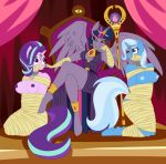  2018 anthro anthrofied areola bdsm bondage bound breasts captured chair clothing collar dress equine female friendship_is_magic gag gagged horn magic_inhibitor mammal mummification mummified my_little_pony nipples nude scepter slave spiderweber starlight_glimmer_(mlp) throne trixie_(mlp) twilight_sparkle_(mlp) unicorn villainous winged_unicorn wings wrapped 