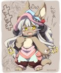  1other :d animal_ears bangs bare_arms bare_shoulders barefoot blush bunny_ears claws colored_eyelashes eromame eyebrows eyebrows_visible_through_hair fang full_body fur furry hair_between_eyes hair_ornament hat horizontal_pupils horned_headwear horns legs_apart long_hair made_in_abyss nanachi_(made_in_abyss) open_mouth pants pocket puffy_pants silver_hair smile solo standing tail topless twitter_username whiskers yellow_background 