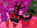  2016 anthro belly big_belly black_fur breasts brown_hair christmas christmas_tree cleavage clothed clothing collar crossgender detailed_background digital_media_(artwork) dragon female fur furred_dragon gift hair holidays horn jingle_bells legwear mirroid mirroidal miss_l multi_ear nipple_bulge overweight overweight_female plushie sairlan_(mirroidal) scalie shorts snow solo stockings thick_thighs tree voluptuous wide_hips yellow_eyes 