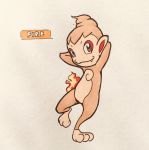  2018 3_toes ambiguous_gender anthro biped brown_eyes chimchar countershade_face countershade_torso countershading cute_fangs english_text eye_markings fire firefightdex front_view full-length_portrait fur hands_behind_head hatching_(technique) head_tuft looking_away mammal marker_(artwork) markings mfanjul mixed_media nintendo noseless nude on_one_leg orange_fur pen_(artwork) pok&eacute;mon pok&eacute;mon_(species) portrait primate red_markings shadow simple_background smile socks_(marking) solo standing tan_countershading tan_skin text toes toony traditional_media_(artwork) video_games white_background 