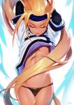  black_panties blonde_hair breasts closed_eyes commentary guilty_gear headband lace lace-trimmed_panties long_hair millia_rage panties small_breasts solo stomach thigh_gap typo_(requiemdusk) underboob underwear very_long_hair wind wind_lift 