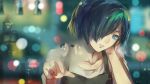  blue_eyes blue_hair blurry bokeh building collarbone copyright_name depth_of_field finger_writing glass_writing hair_over_one_eye highres kirishima_touka lights lips parted_lips reflection short_hair skyscraper solo tokyo_ghoul window writing 