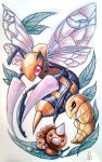  bee beedrill bug creature creatures_(company) deviantart_username evolution game_freak gen_1_pokemon horn insect kakuna leaf looking_at_viewer looking_away nintendo no_humans pokemon pokemon_(creature) red_eyes stinger striped vexnir weedle wings 