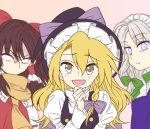  :d angry ascot ayano_(ayn398) blonde_hair blurry blush bow braid brown_hair commentary depth_of_field eyebrows_visible_through_hair glowing glowing_eyes green_bow green_neckwear hair_between_eyes hair_bow hair_tubes hakurei_reimu hand_on_own_chin harukawa_moe_(style) hat hat_bow izayoi_sakuya jealous juliet_sleeves kirisame_marisa long_hair long_sleeves looking_at_viewer maid_headdress multiple_girls open_mouth parted_lips pov puffy_sleeves purple_bow purple_eyes red_bow scarf short_hair silver_hair single_braid smile touhou tsurime upper_body v-shaped_eyebrows witch_hat yellow_eyes yellow_neckwear yellow_scarf 