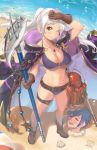  1girl beach belt bikini breasts brown_eyes cleavage day female_my_unit_(fire_emblem:_kakusei) fire_emblem fire_emblem:_kakusei fire_emblem_heroes fish gloves highres krom large_breasts long_hair magister_(medical_whiskey) my_unit_(fire_emblem:_kakusei) net o-ring o-ring_bikini octopus one_eye_closed polearm purple_bikini sand shell signature silver_hair solo_focus swimsuit thighs trident twintails water watermark weapon web_address 