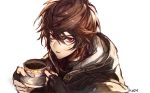  armor artist_name brown_hair coffee cup fingerless_gloves gloves granblue_fantasy kairi_(kai_ri) looking_at_viewer male_focus mug red_eyes sandalphon_(granblue_fantasy) short_hair solo 