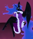  2015 anthro anthrofied bedroom_eyes black_feathers blue_eyes blue_hair breasts cleavage clothed clothing crossed_legs equine eyeshadow feathered_wings feathers feet female friendship_is_magic hair half-closed_eyes hi_res horn looking_at_viewer makeup mammal my_little_pony nightmare_moon_(mlp) robe seductive sitting slit_pupils solo sparkles spiderweber winged_unicorn wings 