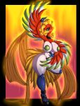  2018 3_toes anthro avian beak breasts clothing digital_media_(artwork) feathered_wings feathers female footwear hi_res ho-oh legendary_pok&eacute;mon looking_at_viewer nintendo non-mammal_breasts on_one_leg pok&eacute;mon pok&eacute;mon_(species) pok&eacute;morph raised_arm solo standing suirano talons toes video_games wings yellow_beak 