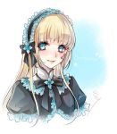  bangs black_bow black_ribbon blonde_hair blue_eyes blue_frills blunt_bangs bow brooch character_name facial_mark frills gothic_lolita headdress hortense jewelry lolita_fashion long_hair puffy_short_sleeves puffy_sleeves ribbon roman shishiyon short_sleeves smile solo sound_horizon 