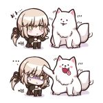  2koma :3 artoria_pendragon_(all) black_legwear black_ribbon blonde_hair blush chibi comic dog fate/grand_order fate_(series) hair_ribbon kneehighs long_sleeves low_ponytail lowres no_nose open_mouth rabbit_hole ribbon saber_alter shaded_face sitting sweat tongue tongue_out white_background yellow_eyes 