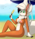  anthro beach beach_umbrella big_breasts breasts claws dessert dusk_lycanroc female food green_eyes hair hi_res ice_cream looking_at_viewer lycanroc mammal maypul_syrup mole navel nintendo nipples nude outside pok&eacute;mon pok&eacute;mon_(species) saliva saliva_string seaside sitting solo tongue tongue_out video_games white_hair 