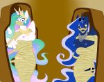  2017 anthro anthrofied areola blue_body blue_eyes blue_hair blue_horn blue_nipples blush bound breasts captured collar crown cutie_mark duo equine eyelashes feathered_wings feathers female friendship_is_magic green_hair hair horn long_hair magic_inhibitor mammal multicolored_hair mummification my_little_pony nipples pink_hair pink_nipples princess_celestia_(mlp) princess_luna_(mlp) purple_eyes ring sarcophagus spiderweber white_body white_horn winged_unicorn wings 