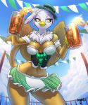  2018 absurd_res alcohol anthro anthrofied avian beak beer beverage bodice clothing cloud digital_media_(artwork) eyelashes feathers female friendship_is_magic gilda_(mlp) gryphon hat hi_res holidays my_little_pony navel oughta outside solo st._patrick&#039;s_day wings yellow_beak 