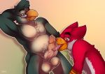 2017 anthro avian avian_(starbound) balls beak beakjob bird cum cum_on_beak cum_on_tongue digital_media_(artwork) duo eyewear feathers fellatio giovanni_da_milano glasses green_feathers humanoid_penis licking looking_down maladash male male/male n64_(artist) nude oral penguin penis red_feathers sex simple_background slightly_chubby starbound tongue tongue_out video_games 