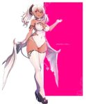 2018 :d artist_name ayaki bangs bikini_tan black_footwear breasts covered_navel dark_skin dated demon_girl demon_horns demon_tail demon_wings detached_collar eyebrows_visible_through_hair fang full_body gloves heart high_heels horns leotard looking_at_viewer low_wings medium_breasts open_mouth original outstretched_arm pink_eyes pointy_ears shoes smile solo standing succubus tail tan tanline thick_thighs thighhighs thighs twintails two-tone_background white_gloves white_hair white_legwear white_leotard white_wings wings 