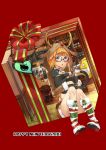  2018 absurdres amamiya_ren antlers box cat christmas full_body gift gift_box glasses happy_new_year highres looking_at_viewer mizukiyan morgana_(persona_5) new_year orange_hair persona persona_5 purple_eyes red_background reindeer_antlers sakura_futaba sitting 