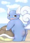  2012 anthro beach blue_body blush brown_eyes butt cloud looking_at_viewer male nintendo open_mouth outside pok&eacute;mon pok&eacute;mon_(species) rodemaru sand seaside shell sky slightly_chubby solo standing video_games wartortle water 