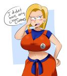  1girl android_18 belly blonde_hair blue_eyes blush breasts dougi dragon_ball dragonball_z earrings eyebrows jewelry jinu open_mouth short_hair solo stomach teeth text 