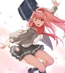  alternate_eye_color bag bangs black_footwear blunt_bangs breasts darling_in_the_franxx eyebrows_visible_through_hair floating foot_out_of_frame grey_jacket hairband hana_mori highres horns jacket jumping kneehighs long_hair long_sleeves looking_at_viewer medium_breasts one_eye_closed open_mouth outstretched_arms petals pink_background pink_hair red_eyes red_neckwear red_scarf scarf school school_bag school_uniform shirt solo thighs white_background white_hairband white_shirt zero_two_(darling_in_the_franxx) 