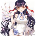  azur_lane black_hair blush breasts china_dress chinese_clothes cleavage commentary_request dress fingerless_gloves flower gloves hair_flower hair_ornament kawanobe long_hair medium_breasts open_mouth out-of-frame_censoring plum plum_blossoms solo tree_branch twitter_username yat_sen_(azur_lane) yellow_eyes 