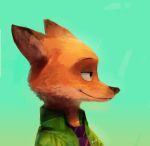  2018 anthro bust_portrait canine clothed clothing disney fox green_background green_eyes half-closed_eyes male mammal necktie nick_wilde panzery25 portrait side_view signature simple_background smile solo zootopia 