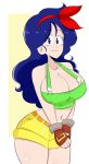  1girl belly blue_eyes blue_hair breasts closed_mouth dragon_ball eyebrows fingerless_gloves gloves jinu long_hair lunch_(dragon_ball) matching_hair/eyes shorts simple_background smile solo stomach 